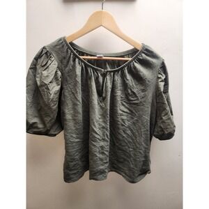 Old Navy Womens Puff Sleeve Blouse Olive Green Keyhole Neck Top Large